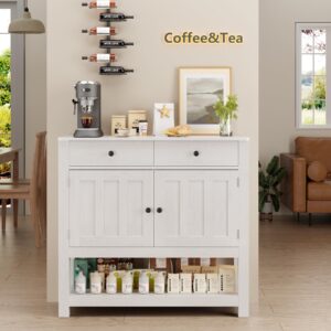 Gizoon Buffet Sideboard Cabinet with Storage, 33.5''H Farmhouse Coffee Bar with 2 Cabinets and 2 Drawers, Console Table with Open Storage Shelf for Kitchen, Dining Room, Living Room, Entryway, White