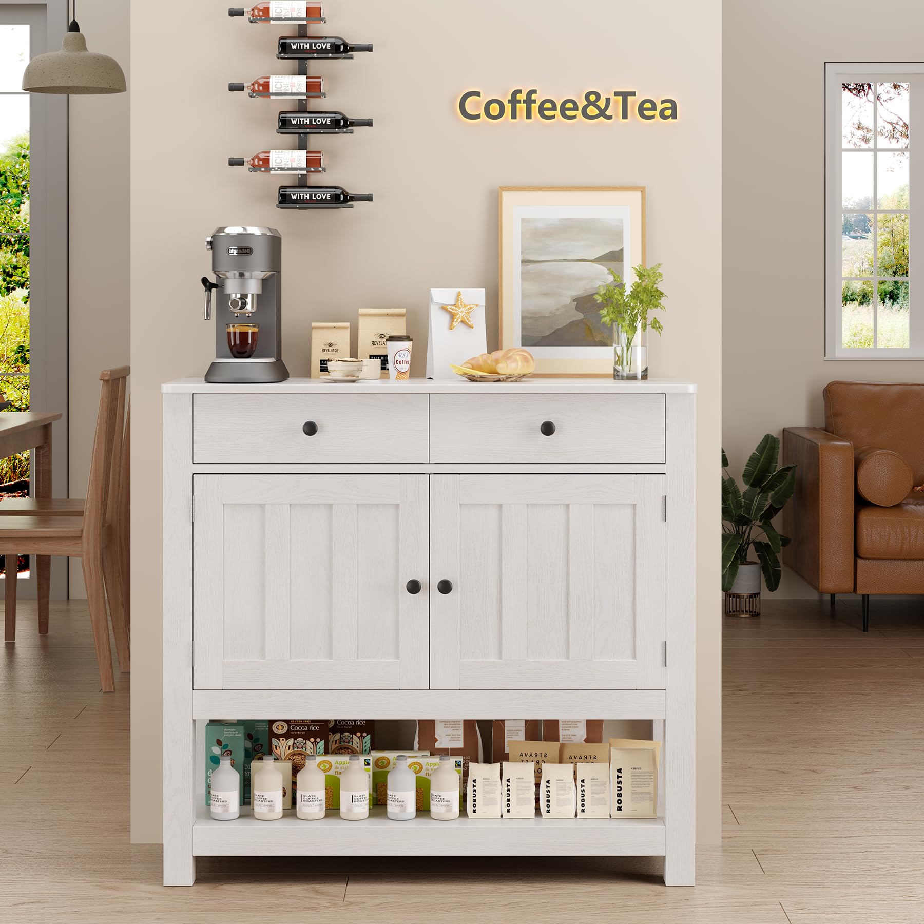 Gizoon Buffet Sideboard Cabinet with Storage, 33.5''H Farmhouse Coffee Bar with 2 Cabinets and 2 Drawers, Console Table with Open Storage Shelf for Kitchen, Dining Room, Living Room, Entryway, White