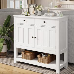 Gizoon Buffet Sideboard Cabinet with Storage, 33.5''H Farmhouse Coffee Bar with 2 Cabinets and 2 Drawers, Console Table with Open Storage Shelf for Kitchen, Dining Room, Living Room, Entryway, White