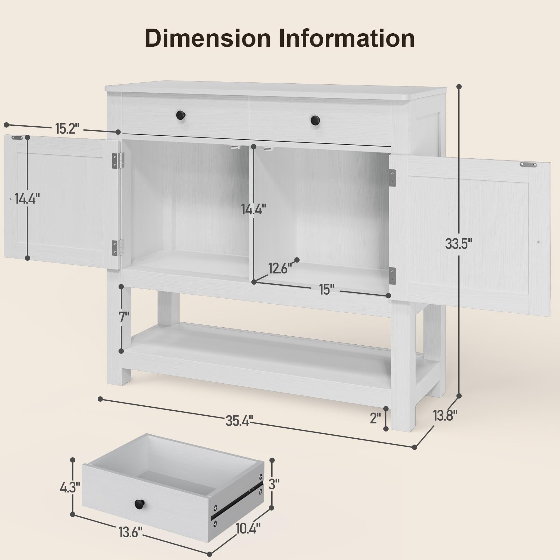 Gizoon Buffet Sideboard Cabinet with Storage, 33.5''H Farmhouse Coffee Bar with 2 Cabinets and 2 Drawers, Console Table with Open Storage Shelf for Kitchen, Dining Room, Living Room, Entryway, White
