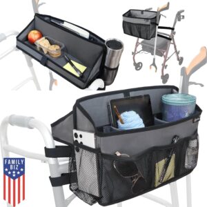 walker basket for folding walker +flip-down walker tray +reacher/ cane holder strap + cup holder | basket for walker bags for folding walker with wheels, walker accessories for walker rollator - gray