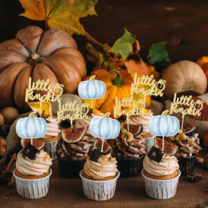 Gyufise 24Pcs Little Pumpkin Cupcake Toppers Blue Pumpkin Cake Toppers Gender Reveal Cake Decorations for Thanksgiving Birthday Baby Shower Fall Theme Party Decoration Supplies