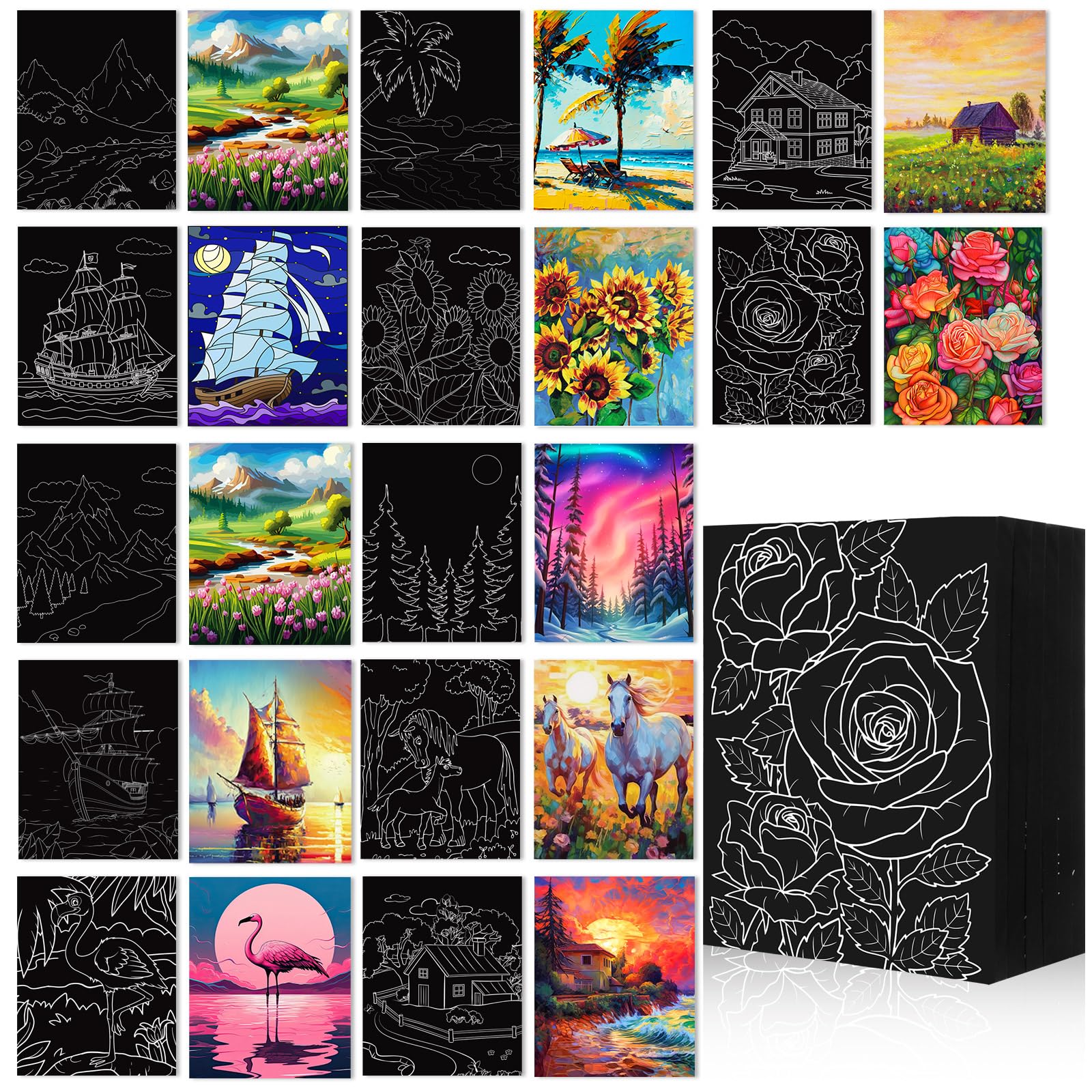 Qilery 12 Pcs Pre Drawn Canvas for Painting 8 x 10 Inch Pre Printed Canvas for Painting Pre Stretched Canvas Paint and Sip Kit for Kids Adults Student Artist Birthday Gift Paint Party Favor (Black)