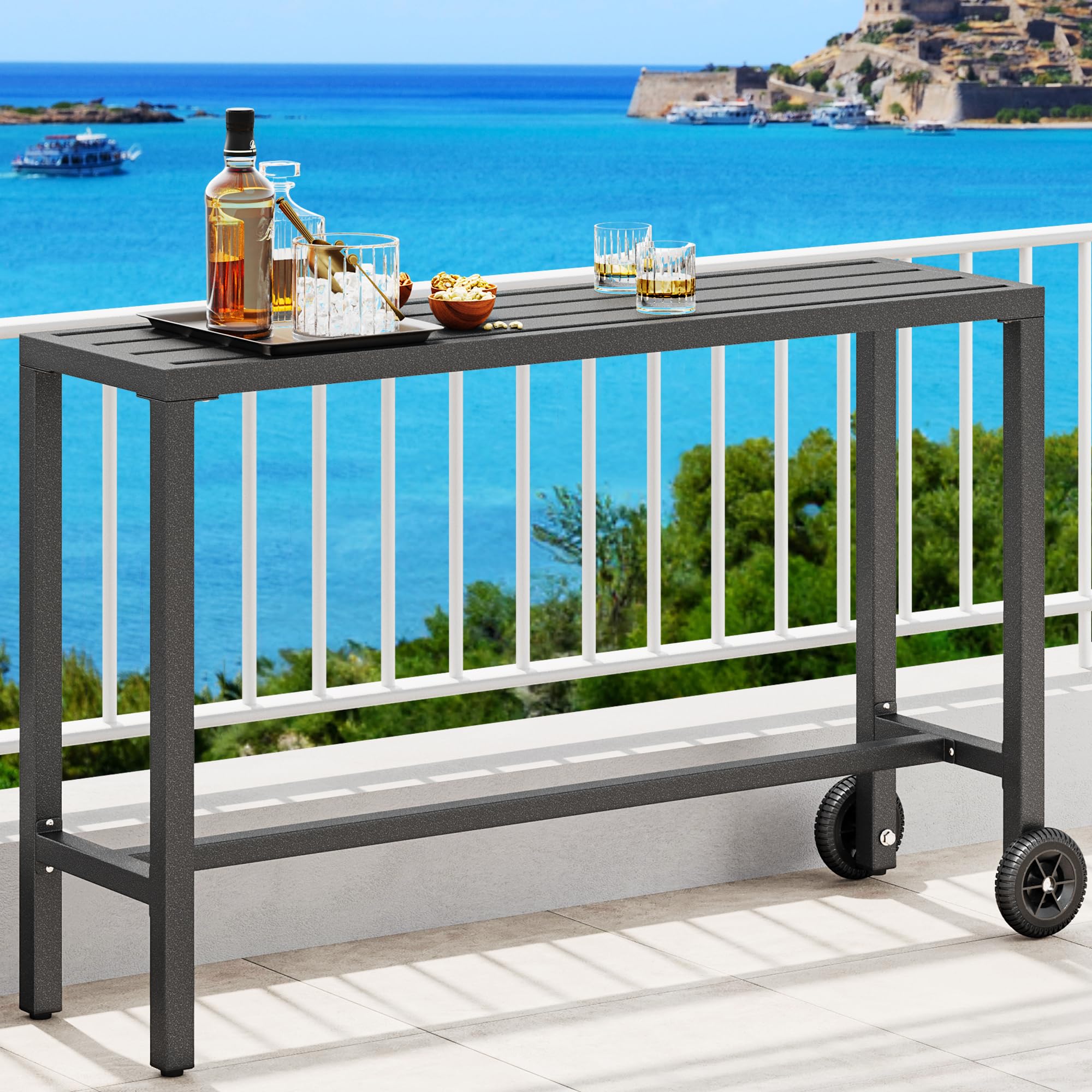 YITAHOME 55" Outdoor Bar Table, Rectangle Narrow Counter Height Table, Ideal Bar Height Table for Balcony, Patio, Garden, Yard, Poolside, Silver Bottom Texture