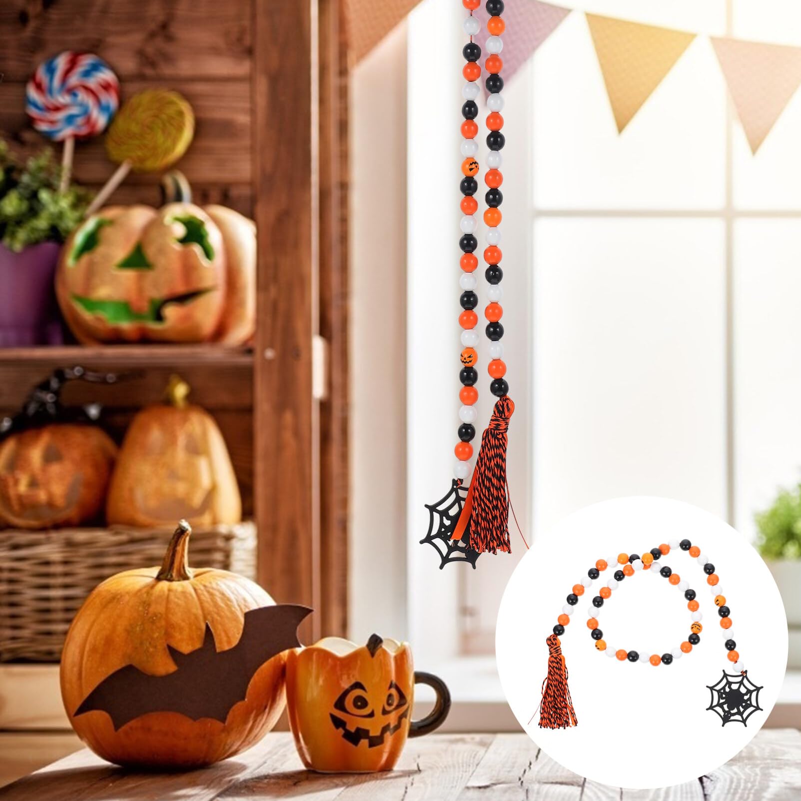 IMIKEYA Halloween Wooden Beads Garland: Farmhouse Wood Bead Garland for Tiered Tray Farmhouse Beads Hanging Wood Bead Garland with Tassels Rustic Beads for Coffee Table Halloween Party Decor