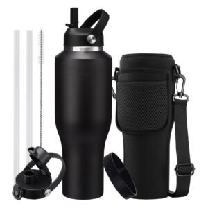 40 oz stainless-steel tumblers insulated water bottles - cold 48h & hot 24h, leak-proof metal water flask with sleeve, protective boot, bpa free vacuum insulated 40oz water bottle fits in cup holder