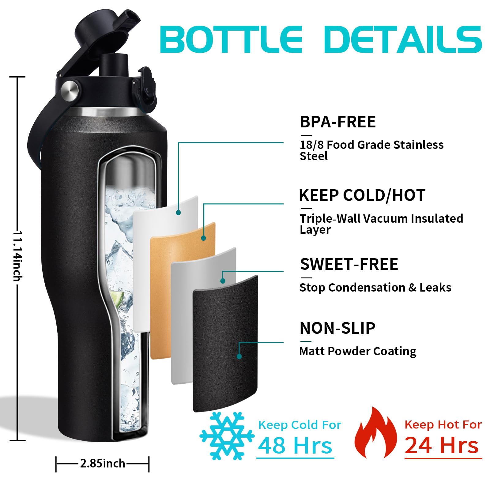 40 OZ Stainless-steel Tumblers Insulated Water Bottles - Cold 48H & Hot 24H, Leak-Proof Metal Water Flask with Sleeve, Protective Boot, BPA Free Vacuum Insulated 40oz Water Bottle Fits In Cup Holder