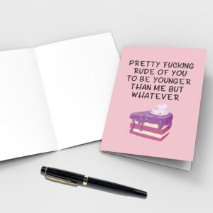 Qiliji Funny Birthday Card for Men Women, Humorous Birthday Card for Friend Sister Brother, Rude To Be Younger Than Me But Whatever