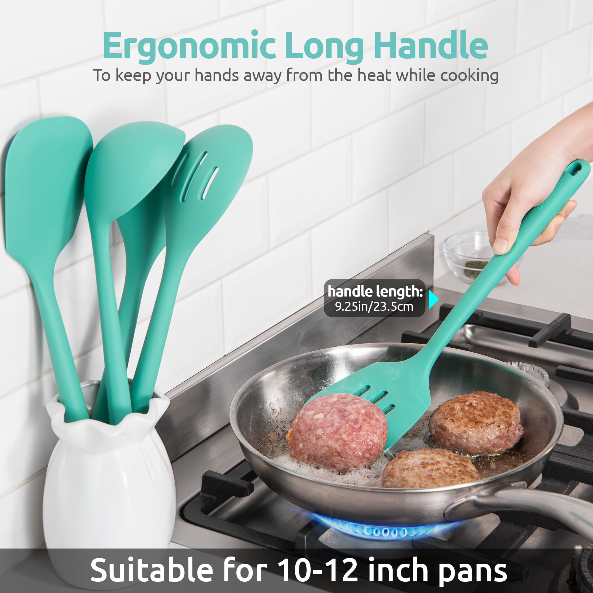 High Heat Resistant Kitchen Utensil: U-Taste 13.6" Silicone Cooking Tools Gadgets Set, Food Grade Non Stick Solid and Slotted Turner Spatula, Mixing Spoon, and Soup Ladle (5 Pieces, Aqua Sky)