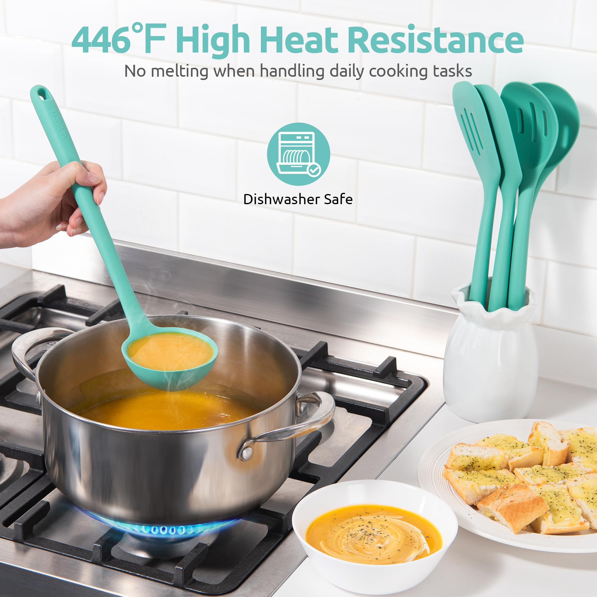 High Heat Resistant Kitchen Utensil: U-Taste 13.6" Silicone Cooking Tools Gadgets Set, Food Grade Non Stick Solid and Slotted Turner Spatula, Mixing Spoon, and Soup Ladle (5 Pieces, Aqua Sky)