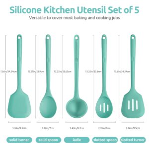 High Heat Resistant Kitchen Utensil: U-Taste 13.6" Silicone Cooking Tools Gadgets Set, Food Grade Non Stick Solid and Slotted Turner Spatula, Mixing Spoon, and Soup Ladle (5 Pieces, Aqua Sky)