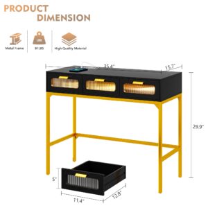 Gurexl 3 in 1 Vanity Desk with 3 Drawers, Modern Makeup Vanity Dressing Table with 3 Color Lighting Modes, Home Office Laptop Writing Desk with Gold Metal Frame (Black)