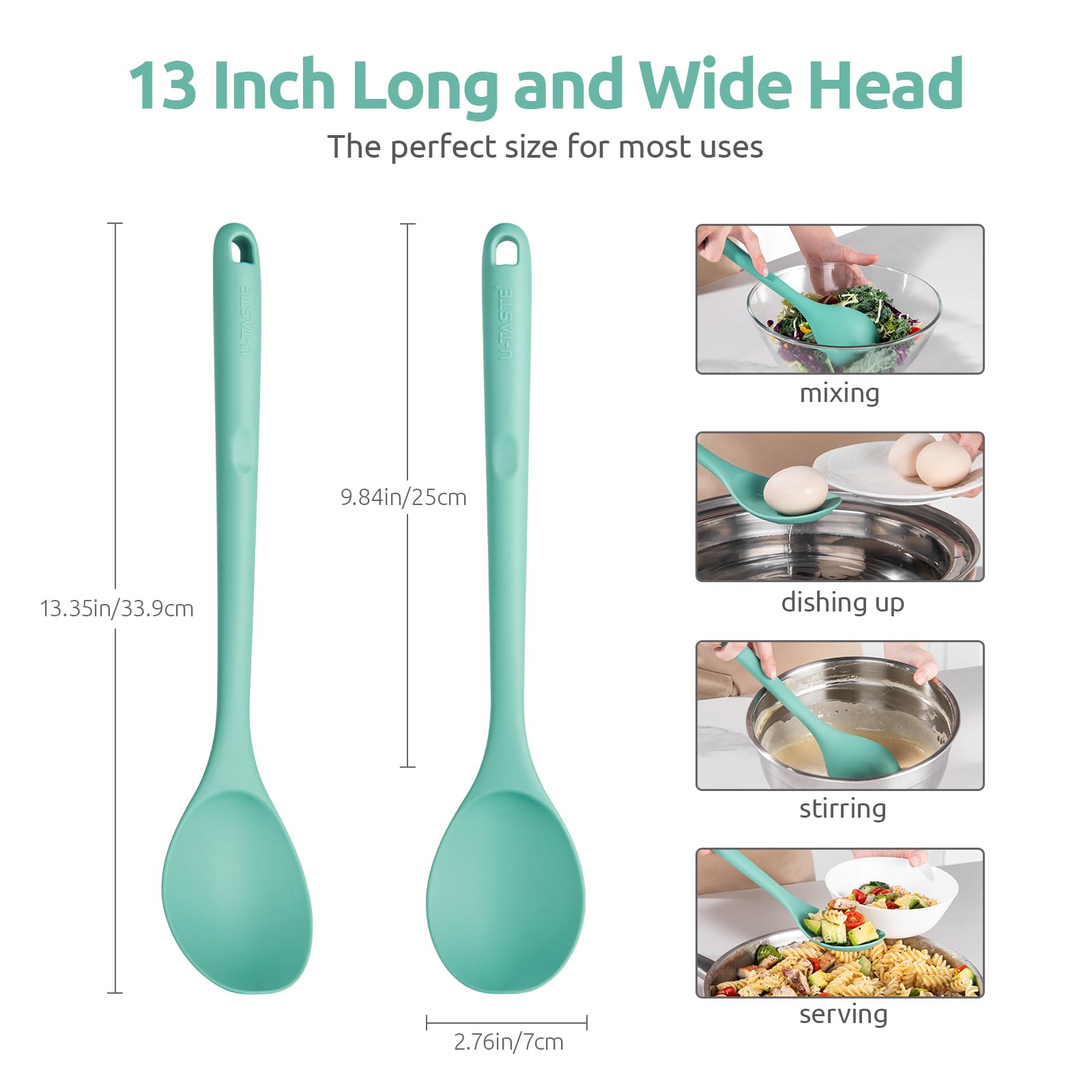 13.3" Solid Cooking Spoon: U-Taste 600ºF Heat Resistant Kitchen Mixing Spoon, Food Grade Nonstick Long and Large Rubber Soup Utensil for Serving, Stirring, Basting, for Pot Cookware (Aqua Sky)