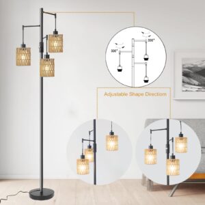 gernehop Floor Lamps for Living Room,3 Light Rattan Standing Tall Lamp with Foot Switch & Sturdy Base,Farmhouse Rustic Tree Black Vintage Floor Lamp for Bedroom Office