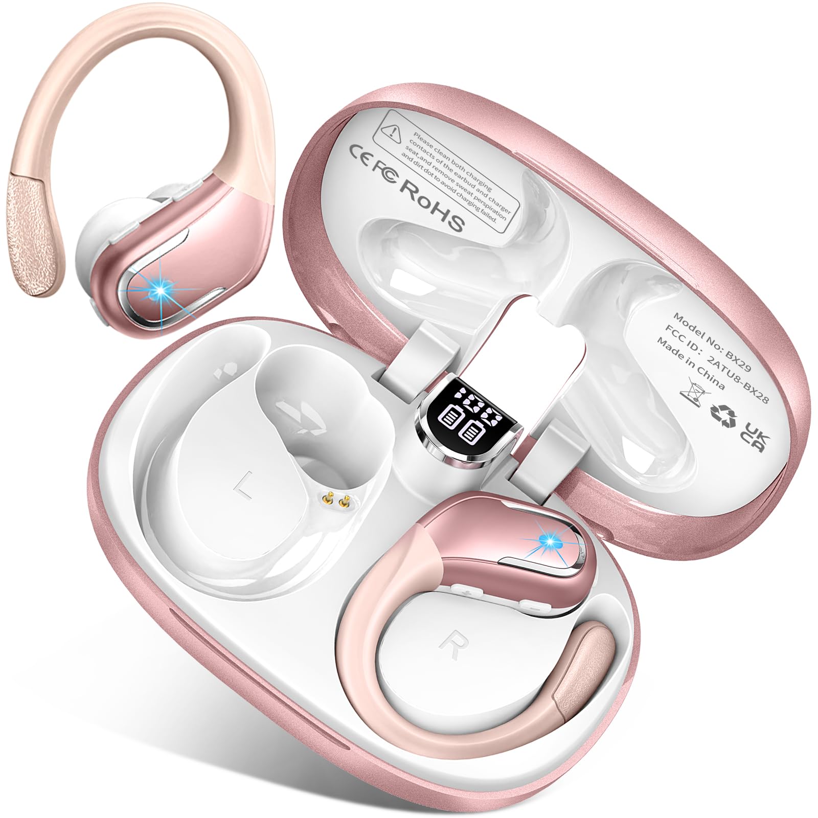 Wireless Earbud, Sport Wireless Bluetooth 5.3 Earbud with HiFi Stereo, 75H Wireless Headphones with Noise Cancelling Mic, IP7 Waterproof Bluetooth Headphones, LED Display, Button Control, Rose Gold