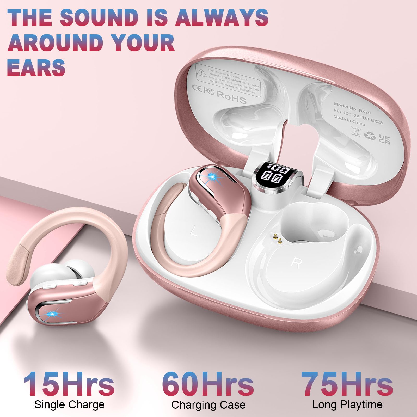 Wireless Earbud, Sport Wireless Bluetooth 5.3 Earbud with HiFi Stereo, 75H Wireless Headphones with Noise Cancelling Mic, IP7 Waterproof Bluetooth Headphones, LED Display, Button Control, Rose Gold