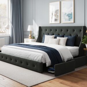 weeway upholstered queen size bed frame with 4 storage drawers and wingback headboard, button tufted design, no box spring needed, easy assembly, dark grey