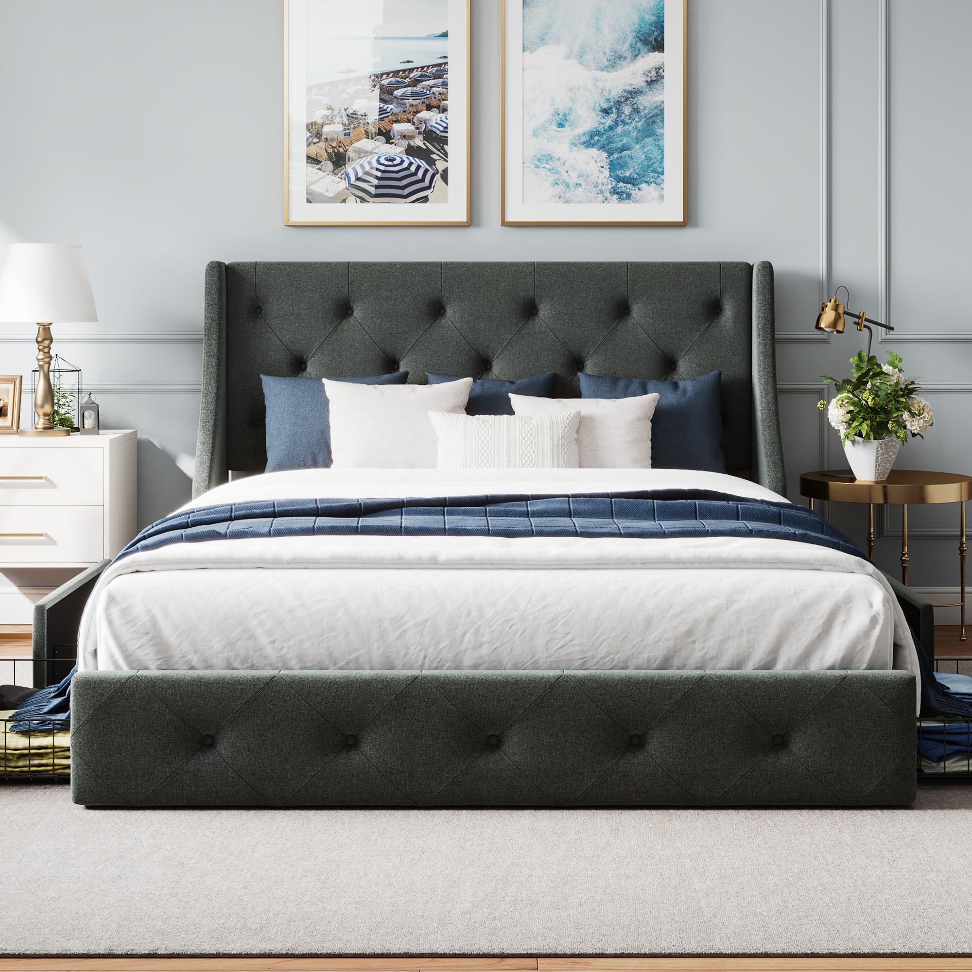 WEEWAY Upholstered Queen Size Bed Frame with 4 Storage Drawers and Wingback Headboard, Button Tufted Design, No Box Spring Needed, Easy Assembly, Dark Grey