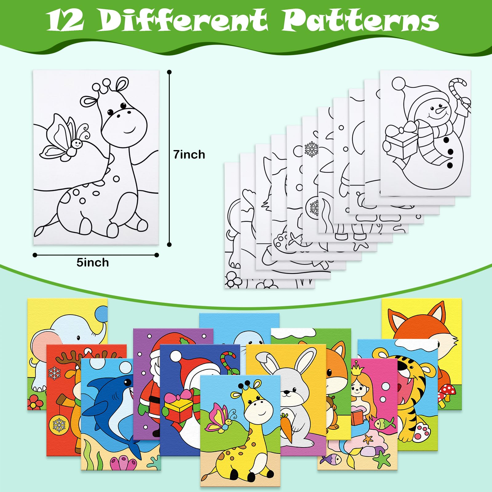 12 Packs Winter Animals Pre Drawn Canvas for Painting, 5" X 7" Animals Theme Pre Printed Canvas for Kids, Pre Stretched Canvas Outline Painting Boards for Beginners Students, Party Favor