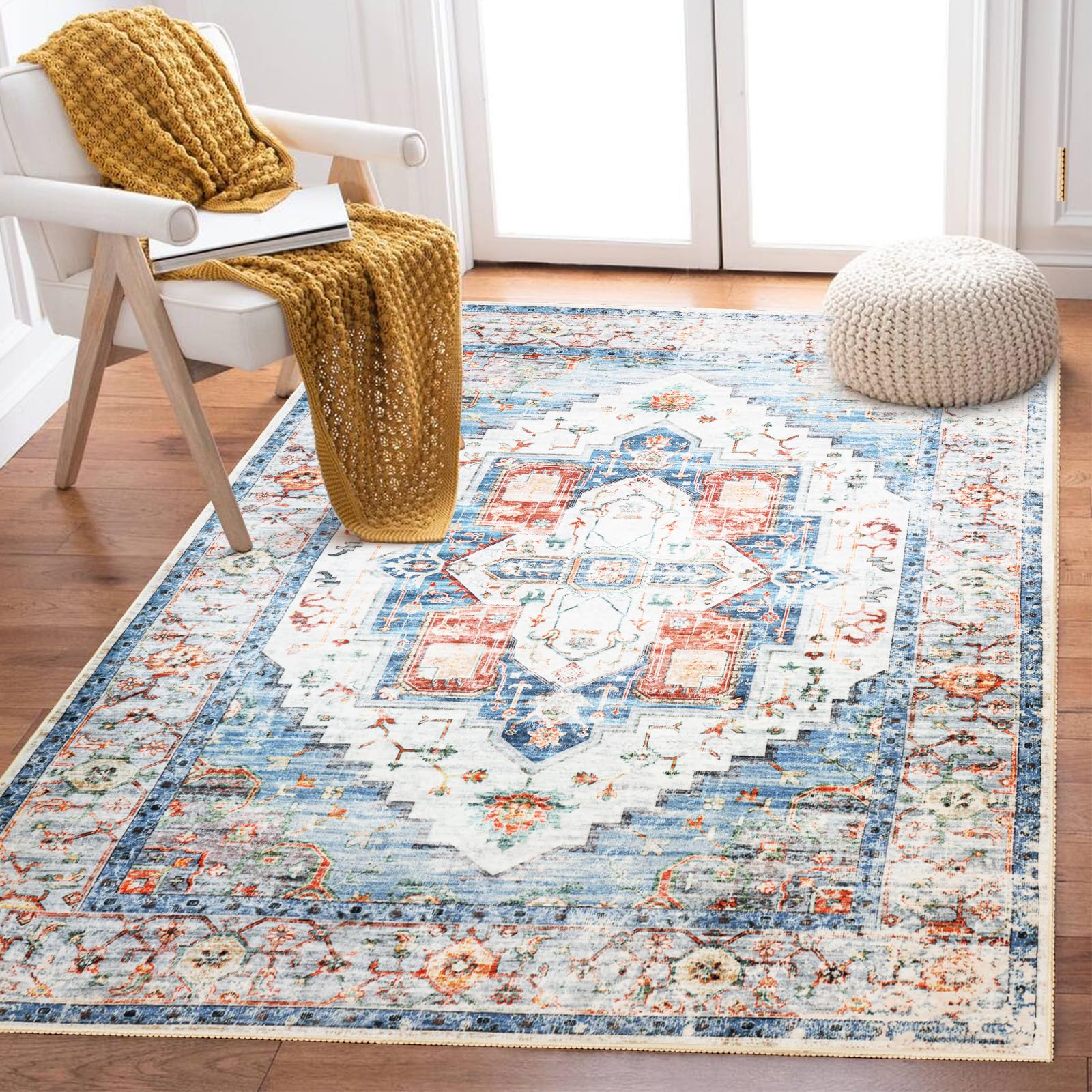 Washable Area Rugs 8x10 Large 8x10 Area Rugs Non Slip Rug Low Pile Area Rug Distressed Printed Carpet Soft Area Rug for Living Room Dinning Room Bedroom Playroom Indoor-Blue