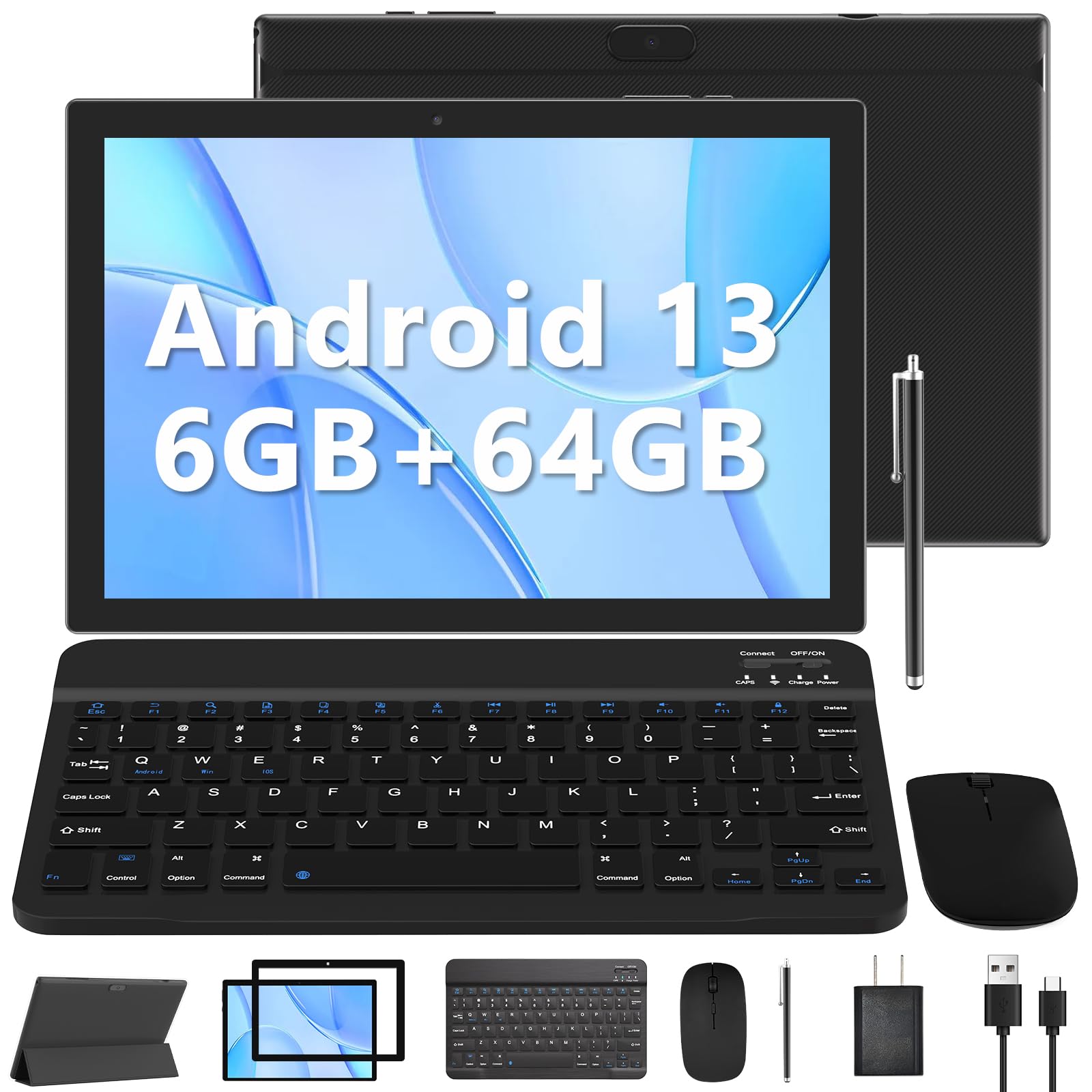 Android 13 Tablet with Keyboard, 2 in 1 Tablet 10.1 Inch, 8GB RAM+64GB ROM/512GB Expandable Tablet PC, 2.0Ghz Quad-Core HD IPS Screen, 8MP Camera, 2.4G/5G WiFi 6 BT 5.0 Tablets with Case Mouse Stylus