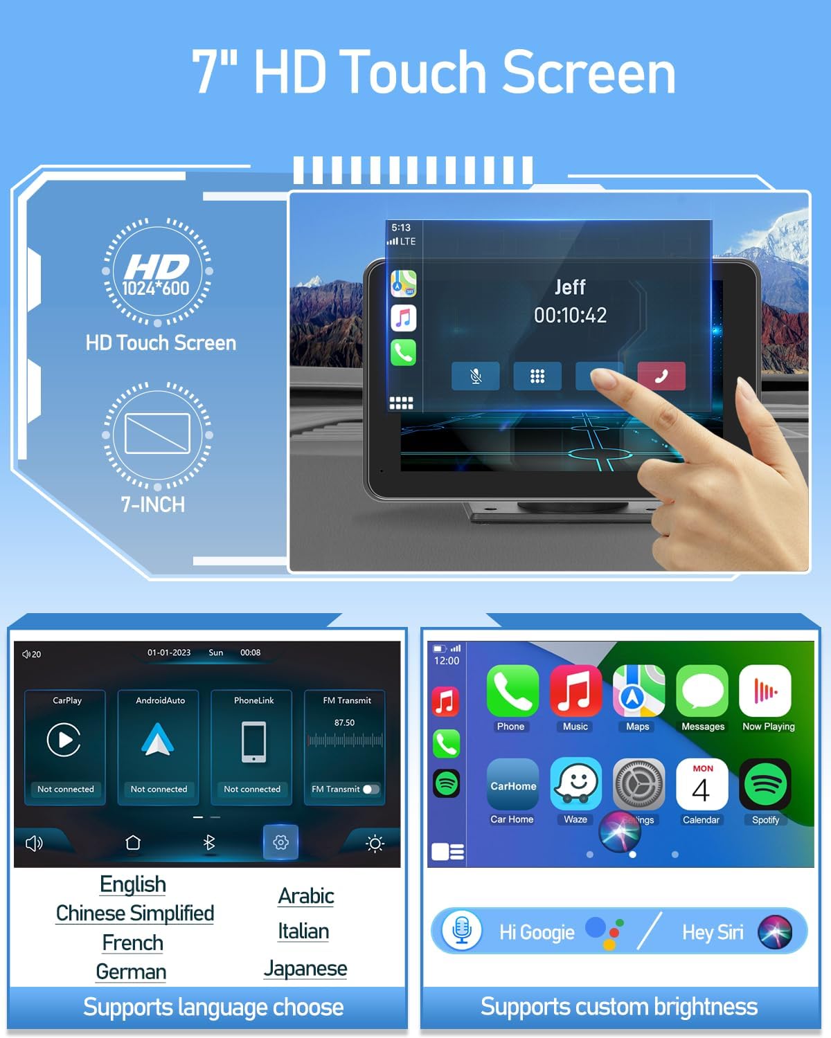 Wireless Car Stereo Compatable with Apple CarPlay and Android Auto,7" HD Portable Bluetooth CarPlay Touch Screen for Car,with Backup Camera Car play for all cars