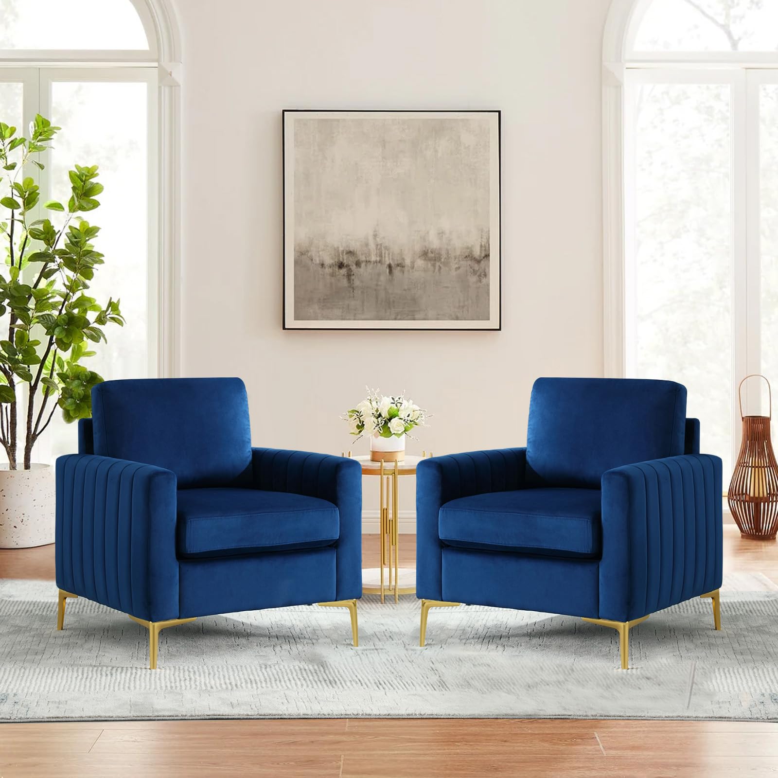 Deolme Tufted Velvet Accent Chair Set of 2 with Gold Legs, Mid-Century Modern Sofa Chair Comfy Upholstered Arm Chair Living Room Furniture Set Bedroom Lounge Club Armchair for Small Spaces Navy Blue