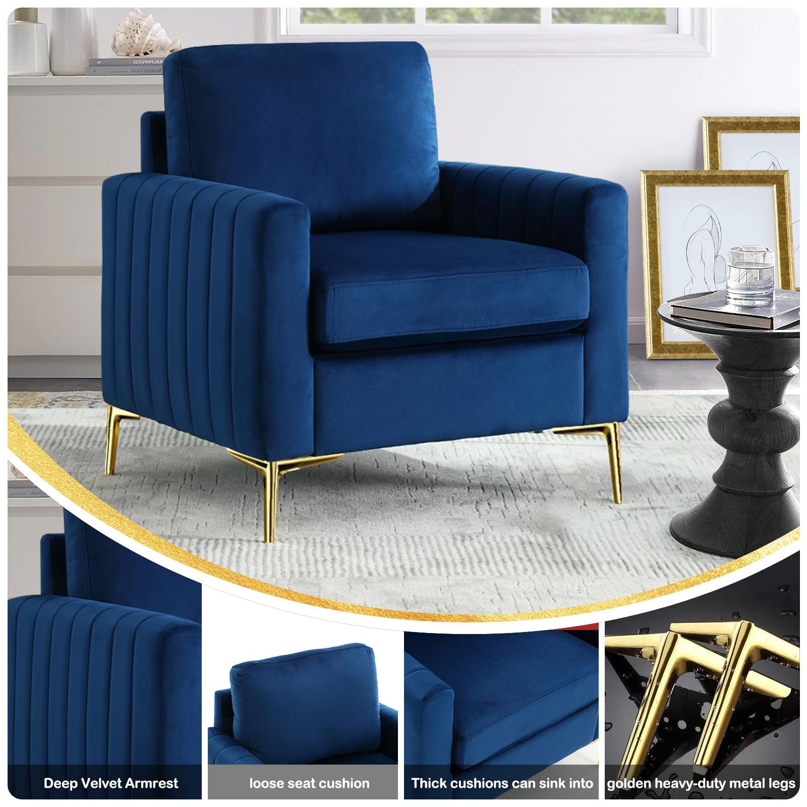 Deolme Tufted Velvet Accent Chair Set of 2 with Gold Legs, Mid-Century Modern Sofa Chair Comfy Upholstered Arm Chair Living Room Furniture Set Bedroom Lounge Club Armchair for Small Spaces Navy Blue