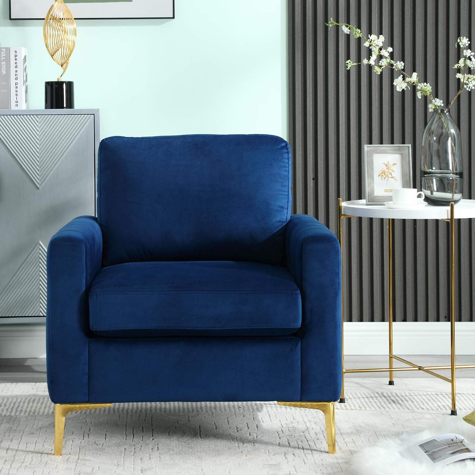 Deolme Tufted Velvet Accent Chair Set of 2 with Gold Legs, Mid-Century Modern Sofa Chair Comfy Upholstered Arm Chair Living Room Furniture Set Bedroom Lounge Club Armchair for Small Spaces Navy Blue