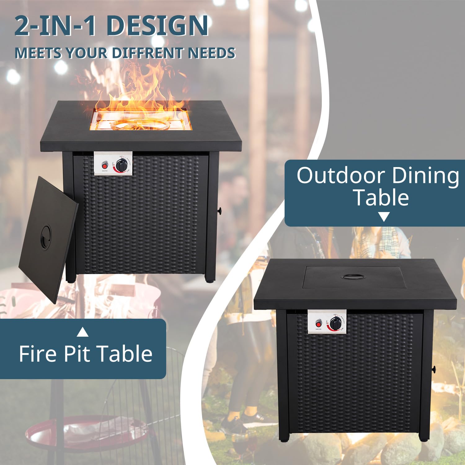 Propane Fire Pit Table, Outdoor Gas Fire Pits Clearance, 30 Inch 50,000 BTU with Tabletop, Lid, Lava Rocks for Outside Patio, Garden, Deck, Yard