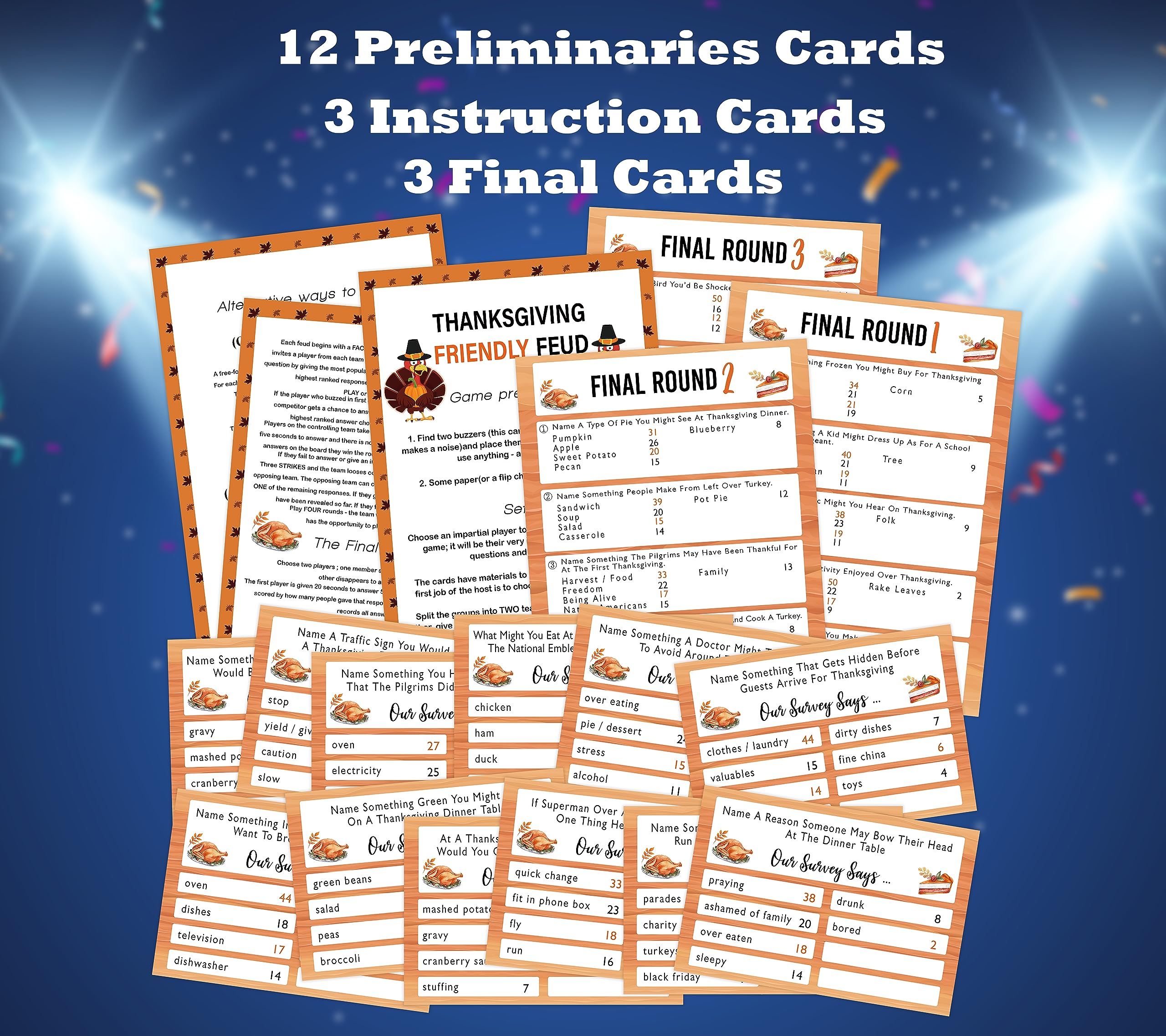 Thanksgiving Day Party Game,Shower Game,Fall Winter Friendly Feud Game,Thanksgiving Day Friendly Feud Game,Family Feud Questions,Feud Game for Adults,Party Games Cards,Thanksgiving Day Decoration(3)