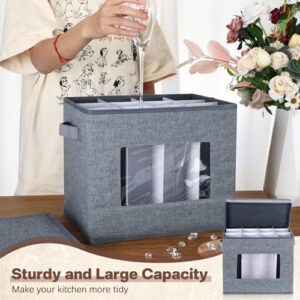 Uiifan 4 Pcs Wine Glass Storage Box with Dividers 12 Compartment Stemware Storage Cases China Storage Container Box with Lid and Handle for Moving (Gray,Champagen Flute Size)