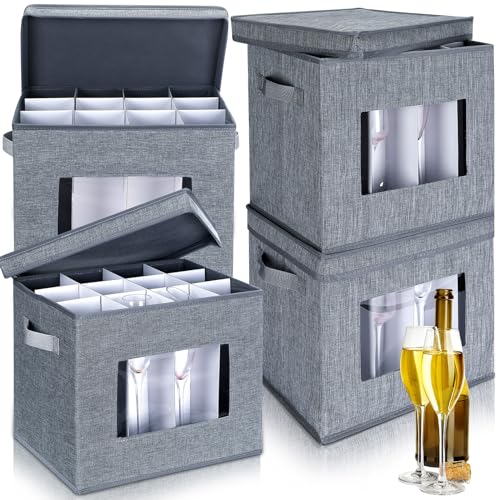 Uiifan 4 Pcs Wine Glass Storage Box with Dividers 12 Compartment Stemware Storage Cases China Storage Container Box with Lid and Handle for Moving (Gray,Champagen Flute Size)