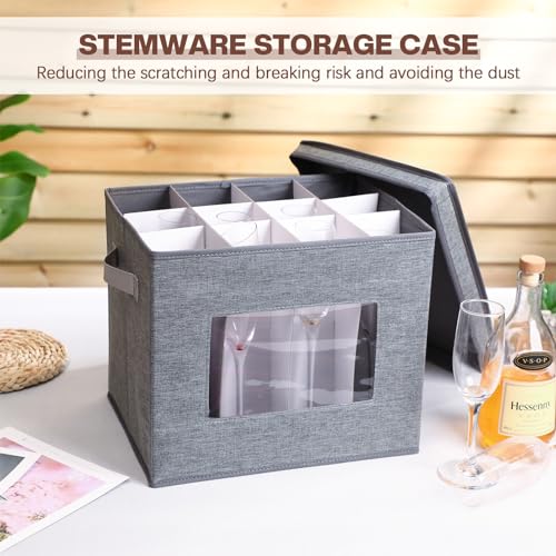 Uiifan 4 Pcs Wine Glass Storage Box with Dividers 12 Compartment Stemware Storage Cases China Storage Container Box with Lid and Handle for Moving (Gray,Champagen Flute Size)