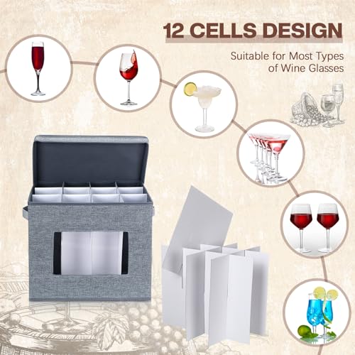 Uiifan 4 Pcs Wine Glass Storage Box with Dividers 12 Compartment Stemware Storage Cases China Storage Container Box with Lid and Handle for Moving (Gray,Champagen Flute Size)