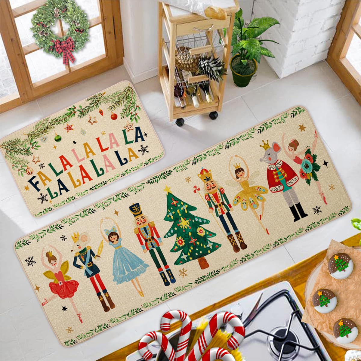 INFISIBLE Nutcracker Christmas Decor Kitchen Rugs Floor Mats Set of 2, Nutcrackers Xmas Gifts Indoor Christmas Decorations, Nutcracker Kitchen Floor Mats for in Front of Sink, Non Skid & Washable