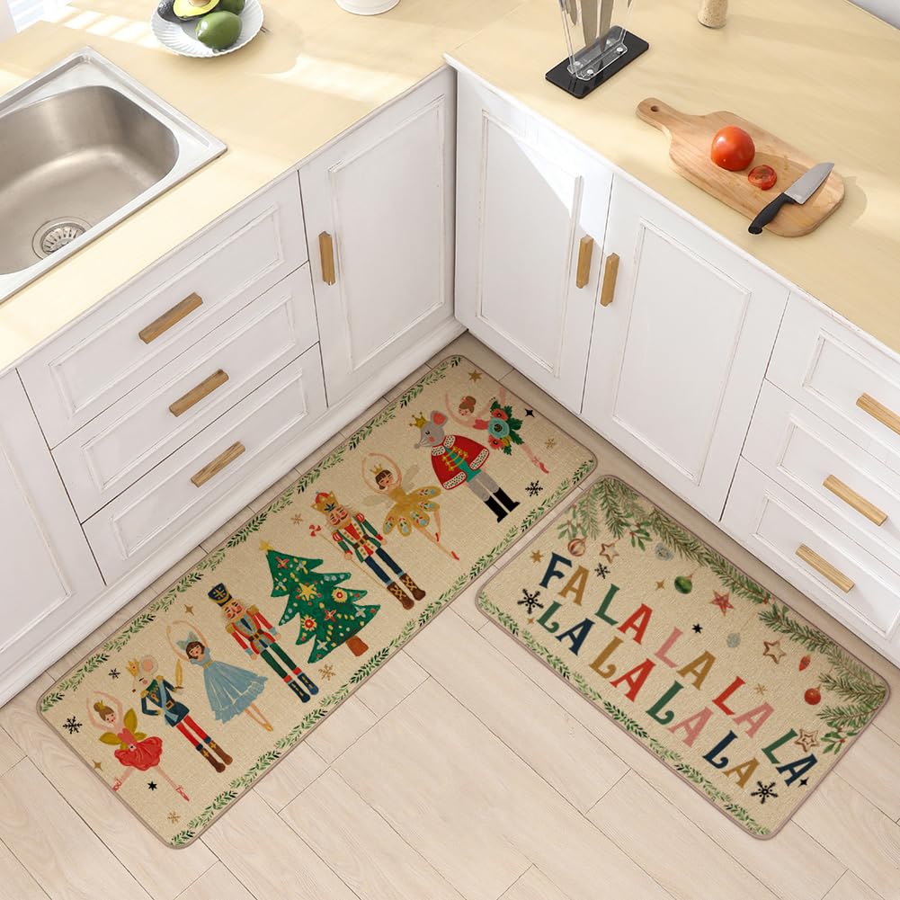 INFISIBLE Nutcracker Christmas Decor Kitchen Rugs Floor Mats Set of 2, Nutcrackers Xmas Gifts Indoor Christmas Decorations, Nutcracker Kitchen Floor Mats for in Front of Sink, Non Skid & Washable