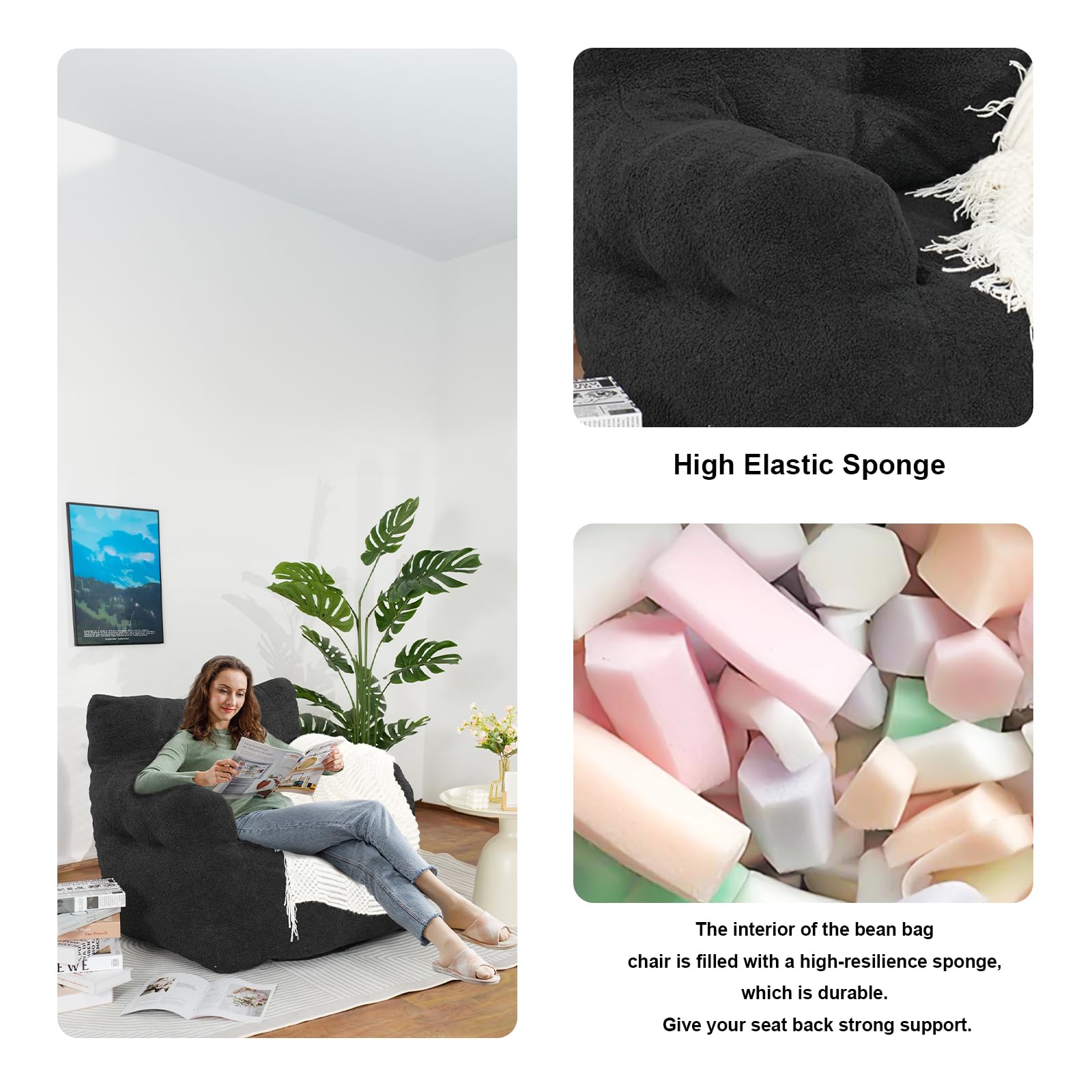 Recaceik Giant Beanbag Chair, Huge Fluffy Faux Fur Bean Bag Lazy Sofa with Filler, Ultra Soft Bean Bag Chair for Adults, Comfy Cozy Beanbag Chair with Memory Foam for Living Room, Dorm(Black)