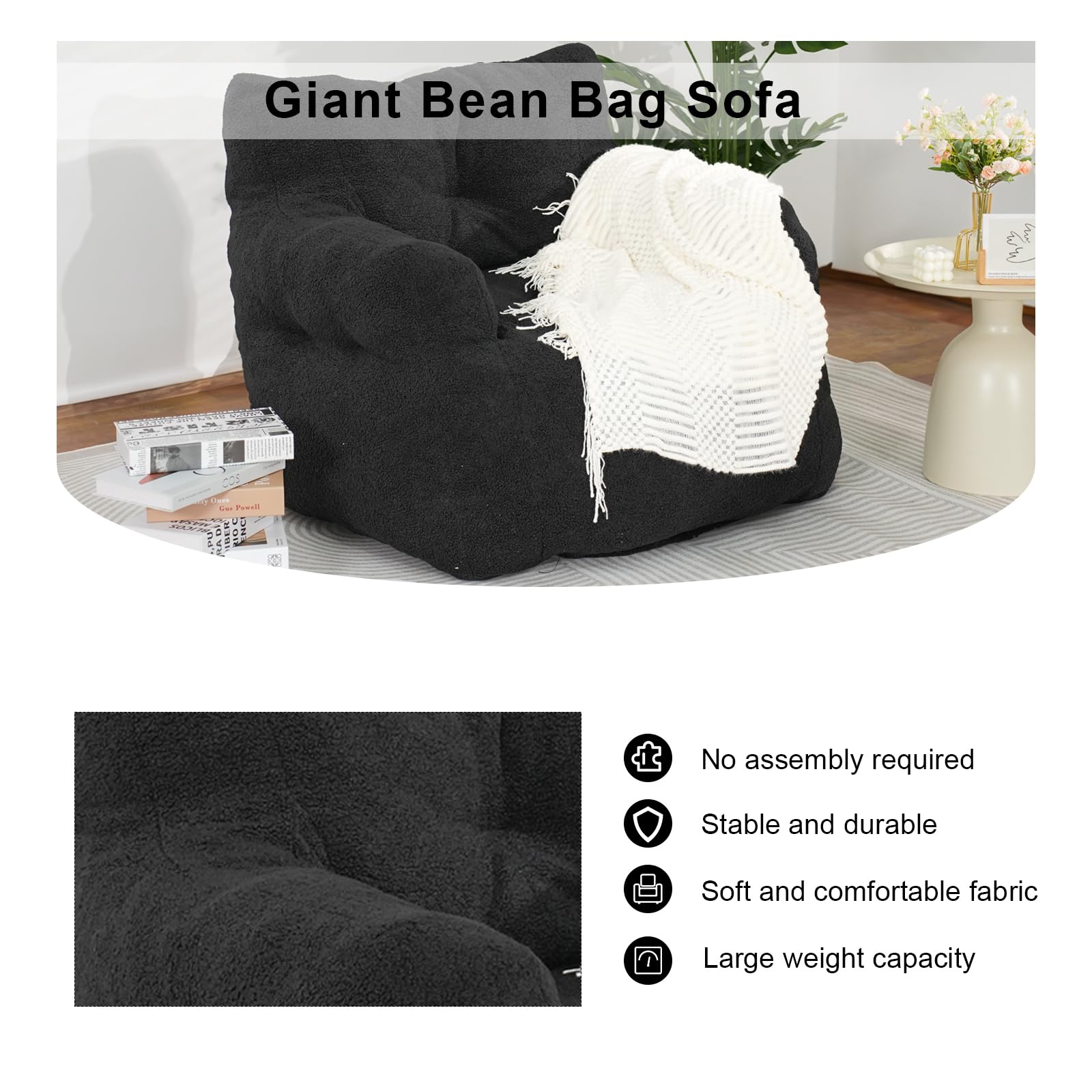 Recaceik Giant Beanbag Chair, Huge Fluffy Faux Fur Bean Bag Lazy Sofa with Filler, Ultra Soft Bean Bag Chair for Adults, Comfy Cozy Beanbag Chair with Memory Foam for Living Room, Dorm(Black)