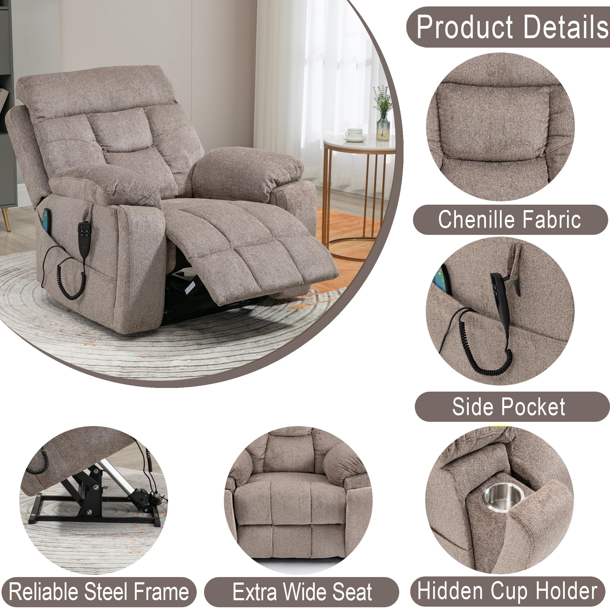 Recliner Chair Lay Flat Infinite Position Dual Motor Stand Up Lift Chair with Massage and Heat for Adults,Up to 400 LBS Recliners with 2 Remote Controls and 2 Cup Holders