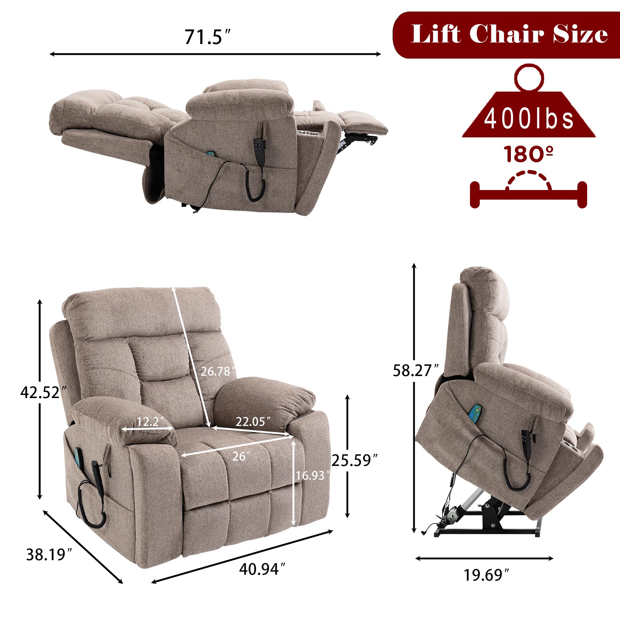 Recliner Chair Lay Flat Infinite Position Dual Motor Stand Up Lift Chair with Massage and Heat for Adults,Up to 400 LBS Recliners with 2 Remote Controls and 2 Cup Holders