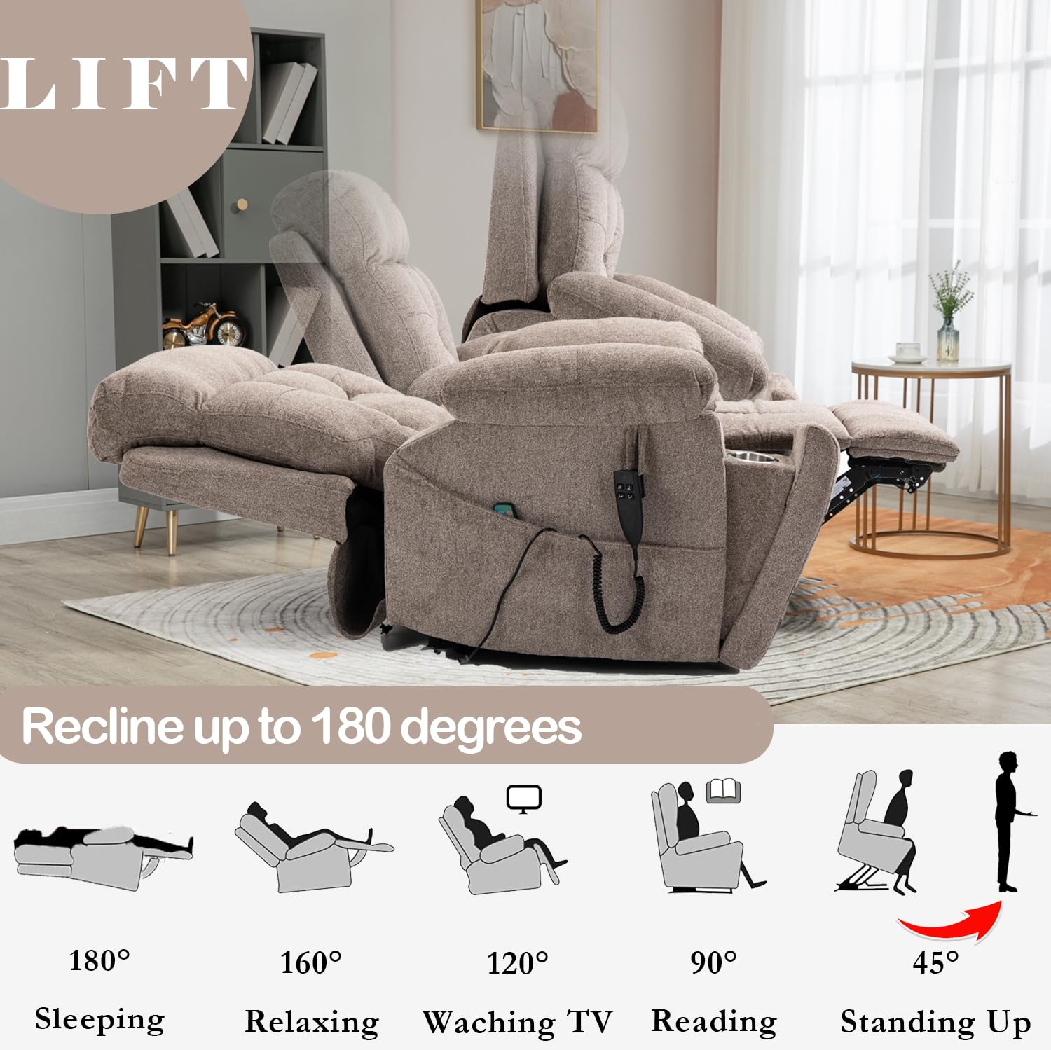 Recliner Chair Lay Flat Infinite Position Dual Motor Stand Up Lift Chair with Massage and Heat for Adults,Up to 400 LBS Recliners with 2 Remote Controls and 2 Cup Holders