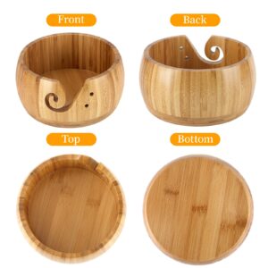 Yarn Bowl Holder, Wooden Craft Knitting Bowl for Crochet with 8pcs Metal Hooks, 6.7"Crochet Storage Organizer Knitting Accessories (bamboo)