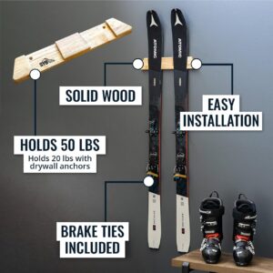 StoreYourBoard Minimalist Wood Ski Rack, Wall Mount Display Holder, Solid Wood Holds 50 lbs