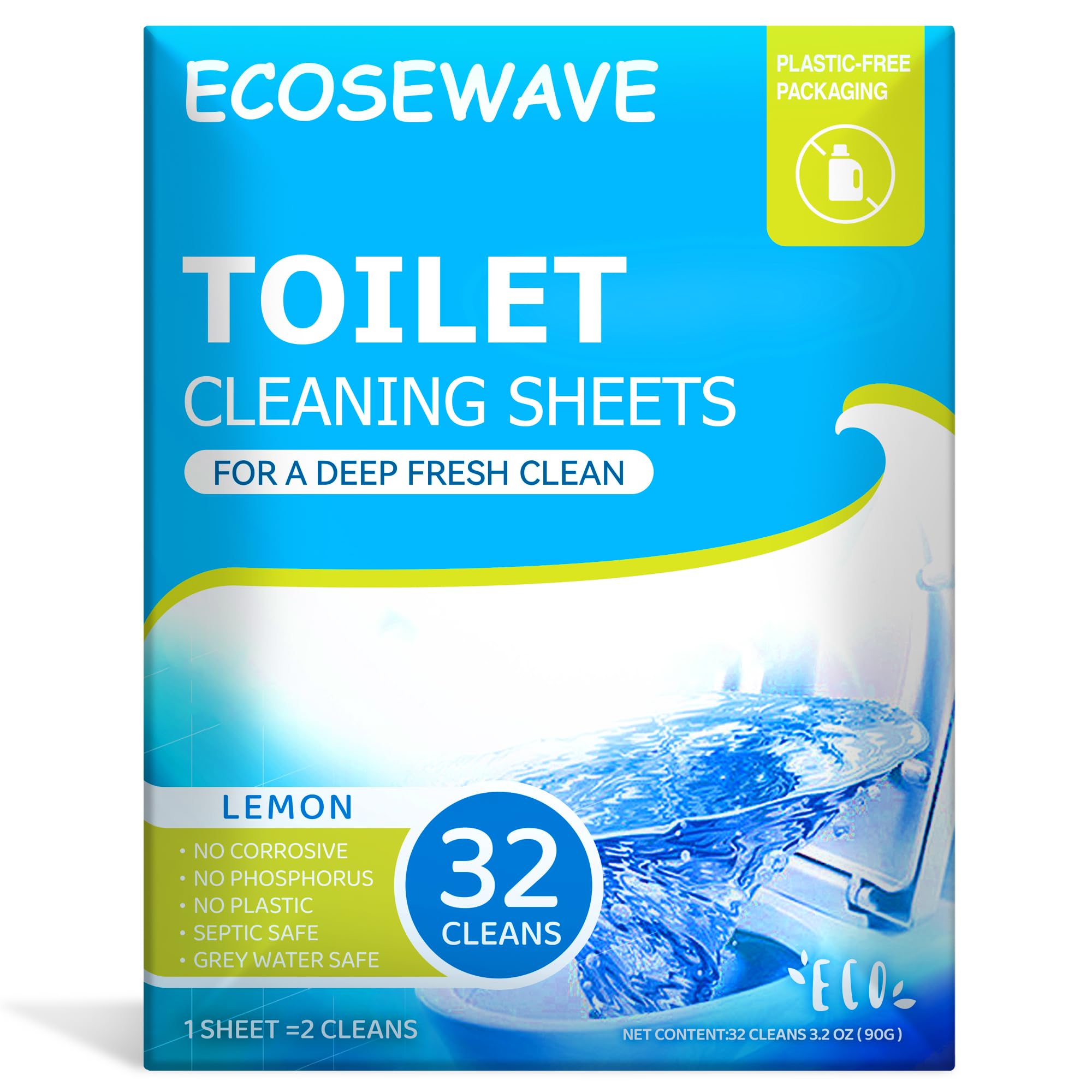 ecosewave Toilet Bowl Cleaner Sheets,32 Cleans, Lemon,Plastic-Free Packaging,Eco-Friendly, Toilet Bowl Cleaner Strips Great For Apartments, Dorms,Vanlife