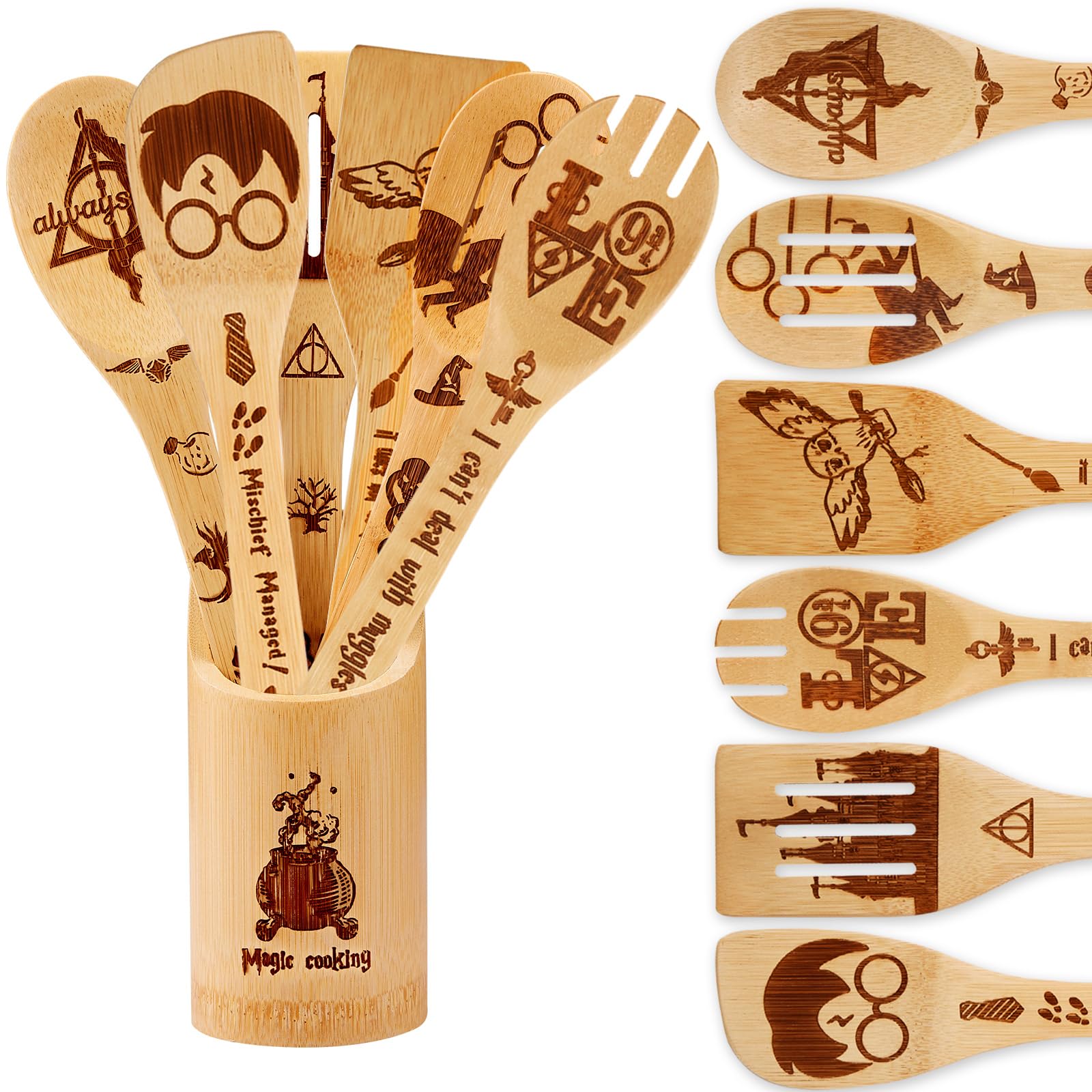 Harry Gifts for Women Kitchen Accessories Wooden Spoons for Cooking Utensils Set 7pcs Magic Wizard Spoon for Wedding&Housewarming-Wooden Spatula for Birthday Gift