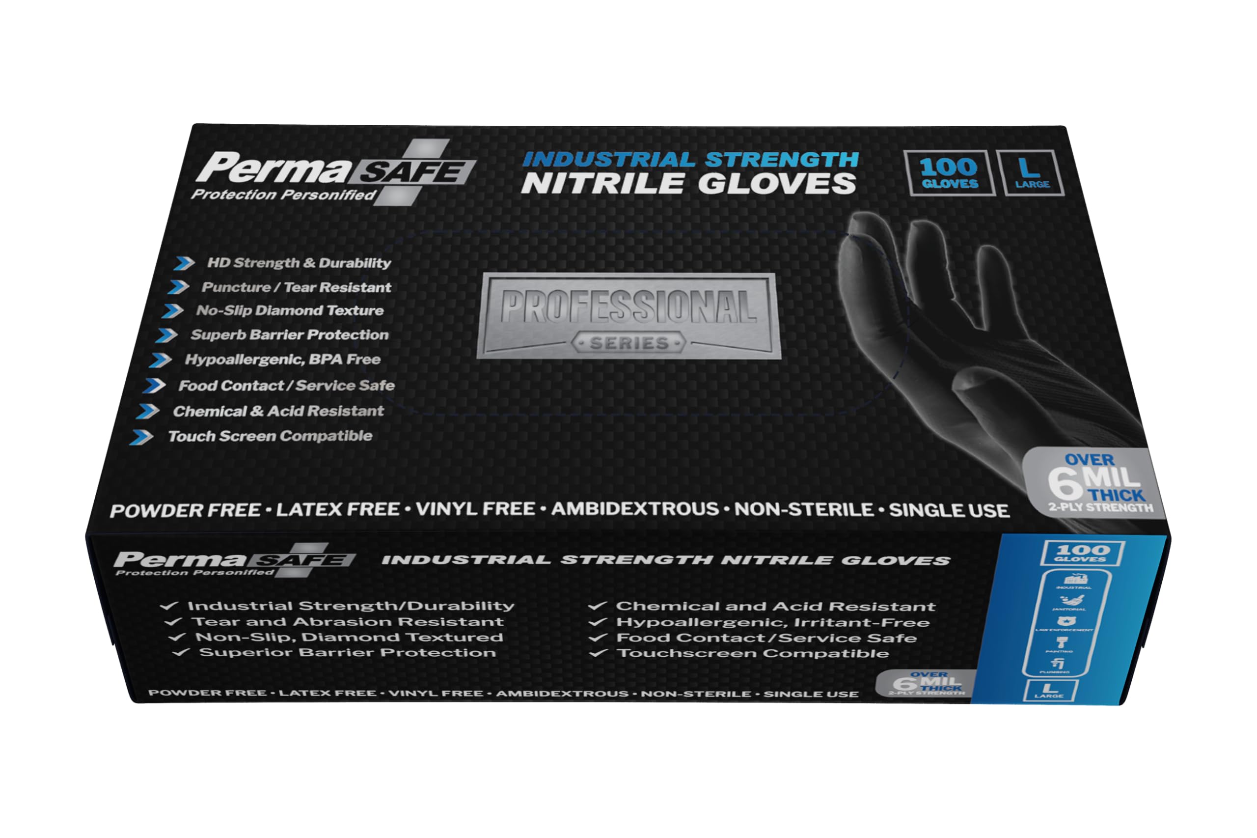 PermaSafe HD Industrial Strength, Nitrile Disposable Gloves, 6+ Mil, Latex Free, Raised Diamond Texture, Mechanic’s Gloves (Medium, Box of 100)