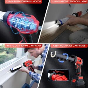 Cordless Caulk Gun, 21V Electric Caulking Gun Battery Powered with 2 Batteries & Charger & LED Light, 4 Adjustable Speeds Dripless Adhesive Caulk Gun Kit, 10oz/300ml Caulking Tool for Filling, Sealing