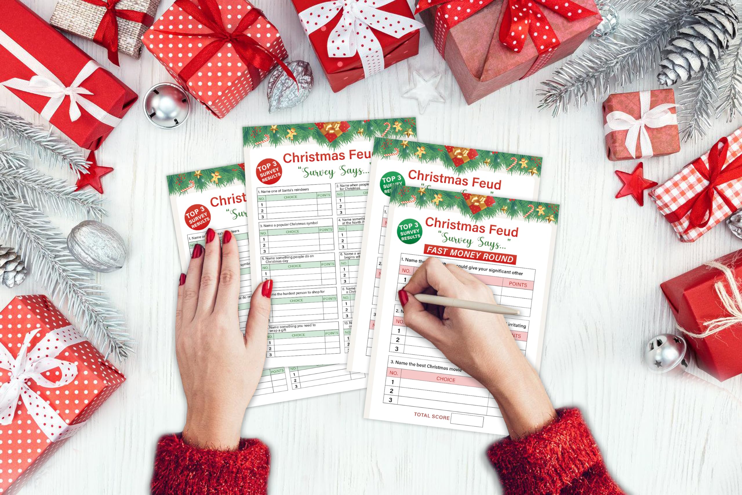 Christmas Feud Games, Feud Trivia Quiz, Party Games for Adults, Family Activities, Baby Shower Game, 30 Feud Cards and 3 Fast Money Round Cards, Winter Party Supplies-LQ5