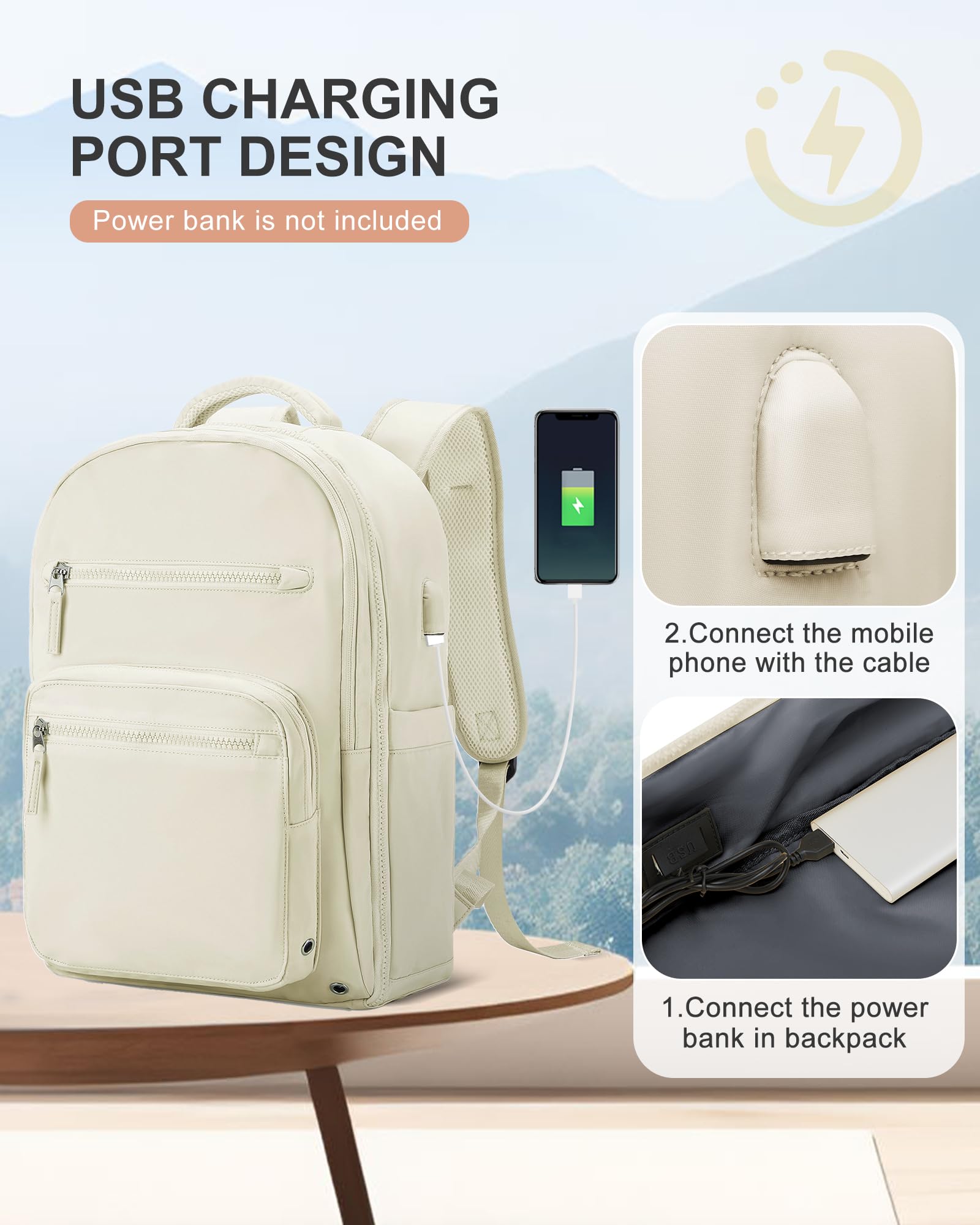 Travel Carry on Backpack, Aesthetic Laptop Backpack Purse for Women Men Airline Approved, Waterproof Personal Item Size Backpack Casual Daypacks for College, Business with USB Charging Port, Beige